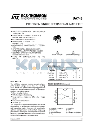 UA748 datasheet - PRECISION SINGLE OPERATIONAL AMPLIFIER