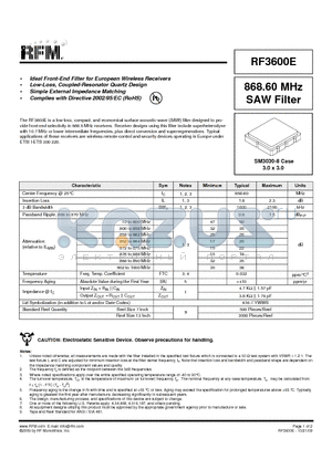 RF3600E datasheet - 868.60 MHz SAW Filter