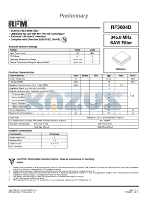 RF3604D datasheet - 345.0 MHz SAW Filter