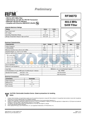 RF3607D datasheet - 403.5 MHz SAW Filter
