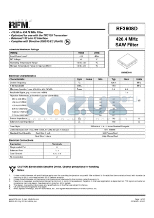 RF3608D datasheet - 426.4 MHz SAW Filter
