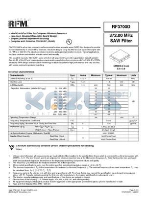 RF3700D datasheet - 372.00 MHz SAW Filter