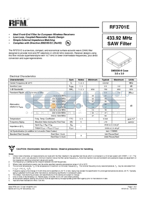 RF3701E datasheet - 433.92 MHz SAW Filter