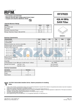 RF3702D datasheet - 426.44 MHz SAW Filter
