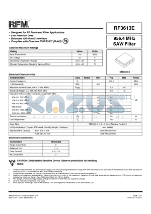 RF3613E datasheet - 956.4 MHz SAW Filter