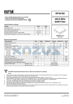 RF3619D datasheet - 402 to 405 MHz Medical Band Front-end Filter
