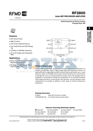 RF3800 datasheet - GaAs HBT PRE-DRIVER AMPLIFIER