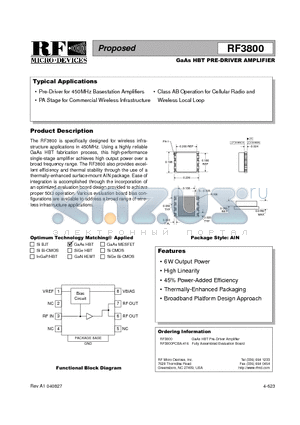 RF3800PCBA-416 datasheet - GaAs HBT PRE-DRIVER AMPLIFIER