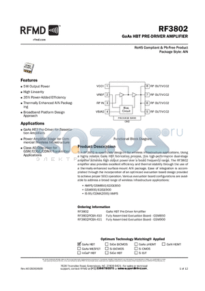 RF3802PCBA-410 datasheet - GaAs HBT PRE-DRIVER AMPLIFIER