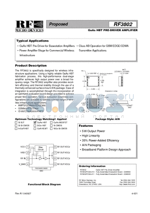 RF3802PCBA-411 datasheet - GaAs HBT PRE-DRIVER AMPLIFIER