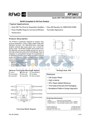 RF3802PCBA-411 datasheet - GaAs HBT PRE-DRIVER AMPLIFIER