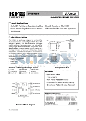 RF3805PCBA-415 datasheet - GaAs HBT PRE-DRIVER AMPLIFIER