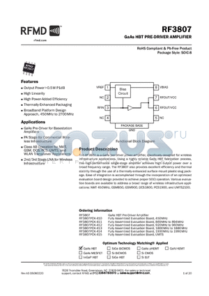 RF3807PCK-411 datasheet - GaAs HBT PRE-DRIVER AMPLIFIER