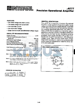 UA777 datasheet - Precision Operational Amplifier