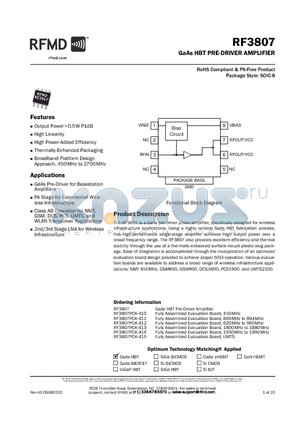 RF3807PCK-414 datasheet - GaAs HBT PRE-DRIVER AMPLIFIER