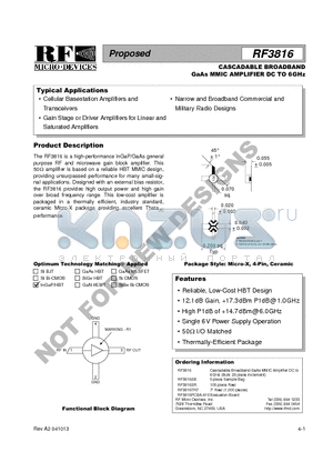 RF3816PCBA-410 datasheet - CASCADABLE BROADBAND GaAs MMIC AMPLIFIER DC TO 6GHz