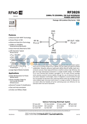 RF3826PCBA-411 datasheet - 30MHz TO 2500MHz, 9W GaN WIDEBAND