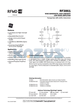 RF3861PCK-412 datasheet - WIDE BANDWIDTH, HIGH LINEARITY LOW NOISE AMPLIFIER