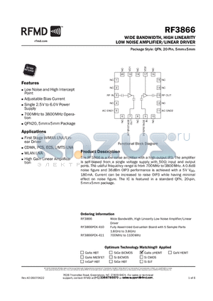 RF3866 datasheet - WIDE BANDWIDTH, HIGH LINEARITY LOW NOISE AMPLIFIER/LINEAR DRIVER