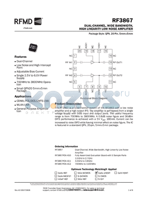 RF3867PCK-412 datasheet - DUAL-CHANNEL, WIDE BANDWIDTH, HIGH LINEARITY LOW NOISE AMPLIFIER