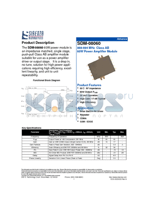 SDM-08060 datasheet - 869-894 MHz Class AB 60W Power Amplifier Module