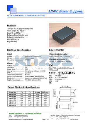 VE15B-090 datasheet - AC-DC Power Supplies 15 WATTS DESK TOP AC ADAPTER