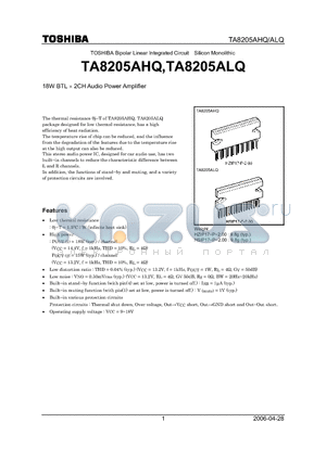 TA8205AHQ datasheet - 18W BTL  2CH Audio Power Amplifier