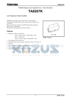 TA8207K datasheet - TOSHIBA Bipolar Linear Integrated Circuit Silicon Monolithic