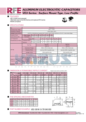 VE3100M1VTR040053 datasheet - ALUMINUM ELECTROLYTIC CAPACITORS VE3 Series: Surface Mount Type, Low Profile