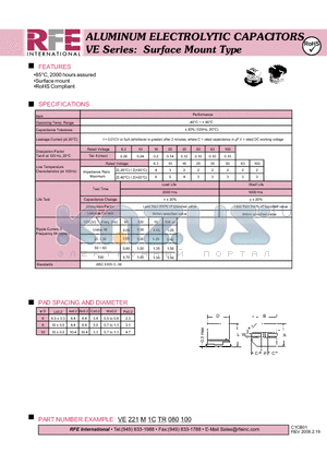 VE221M1CTR080100 datasheet - ALUMINUM ELECTROLYTIC CAPACITORS VE Series: Surface Mount Type