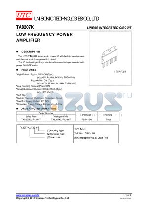 TA8207K_12 datasheet - LOW FREQUENCY POWER AMPLIFIER