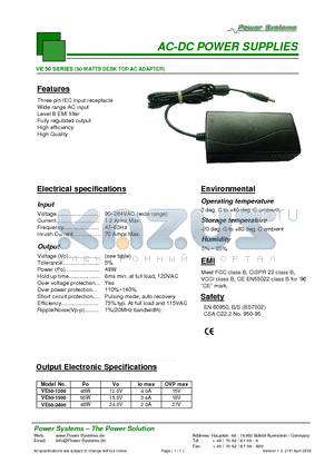 VE50-1200 datasheet - AC-DC POWER SUPPLIES 50 WATTS DESK TOP AC ADAPTER