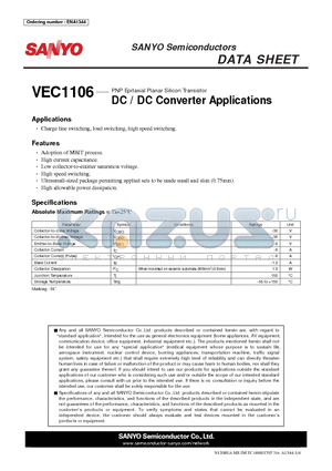 VEC1106 datasheet - PNP Epitaxial Planar Silicon Transistor DC / DC Converter Applications