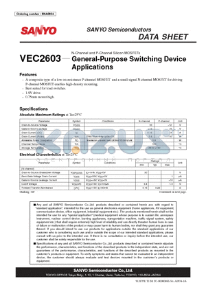 VEC2603 datasheet - N-Channel and P-Channel Silicon MOSFETs General-Purpose Switching Device
