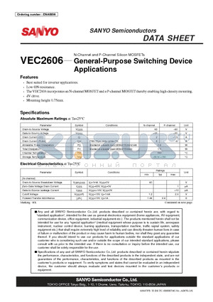 VEC2606 datasheet - N-Channel and P-Channel Silicon MOSFETs General-Purpose Switching Device