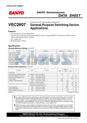 VEC2607 datasheet - N-Channel and P-Channel Silicon MOSFETs General-Purpose Switching Device