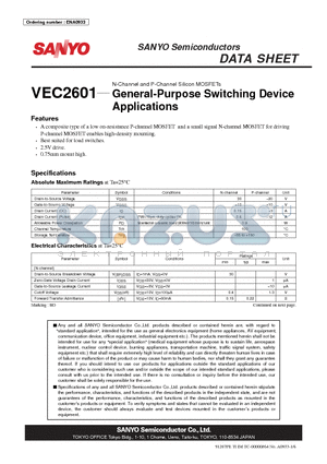 VEC2601 datasheet - N-Channel and P-Channel Silicon MOSFETs General-Purpose Switching Device