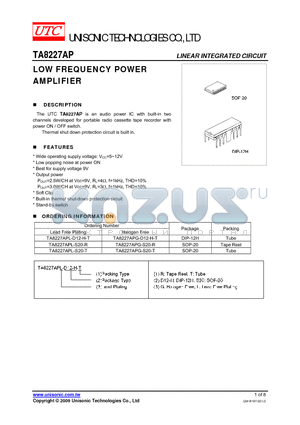 TA8227APL-S20-R datasheet - LOW FREQUENCY POWER AMPLIFIER