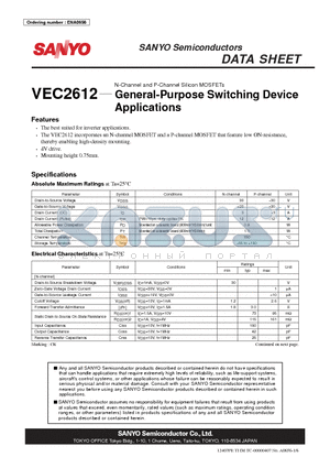VEC2612 datasheet - N-Channel and P-Channel Silicon MOSFETs General-Purpose Switching Device