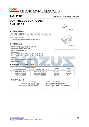 TA8227APG-D12-H-T datasheet - LOW FREQUENCY POWER AMPLIFIER