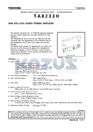 TA8233H datasheet - 30W BTL x 2CH AUDIO POWER AMPLIFIER