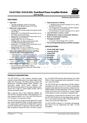SST13LP05 datasheet - 2.4-2.5 GHz / 4.9-5.8 GHz Dual-Band Power Amplifier Module