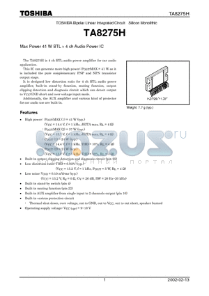 TA8275 datasheet - Max Power 41 W BTL x 4 ch Audio Power IC