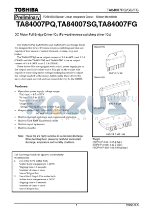 TA84007PQ datasheet - DC Motor Full Bridge Driver ICs (Forward/reverse switching driver ICs)