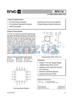 RF5110 datasheet - 3V GSM POWER AMPLIFIER