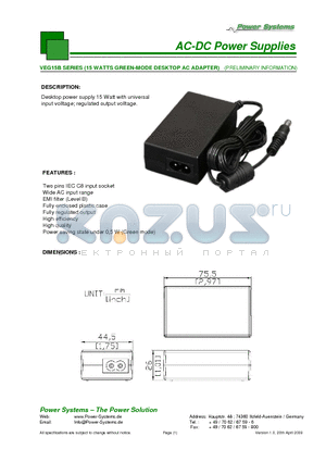 VEG15B-120F datasheet - AC-DC Power Supplies 15 WATTS GREEN-MODE DESKTOP AC ADAPTER