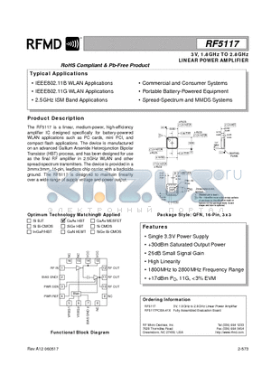 RF5117PCBA-41X datasheet - 3V, 1.8GHz TO 2.8GHz LINEAR POWER AMPLIFIER