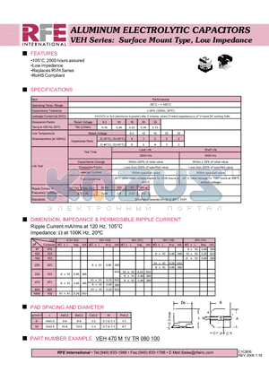 VEH470M1VTR080100 datasheet - ALUMINUM ELECTROLYTIC CAPACITORS VEH Series: Surface Mount Type, Low Impedance