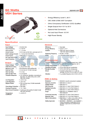 VEH60US19 datasheet - Energy Efficiency Level V, 15 V, CEC 2008 & EISA 2007 Compliant