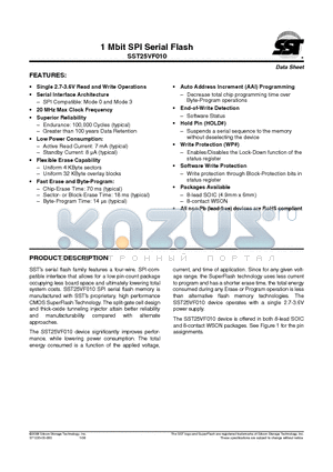 SST25VF010-20-4C-QAE datasheet - 1 Mbit SPI Serial Flash